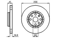 BOSCH 0986478535 - Lado de montaje: Eje delantero<br>Altura [mm]: 41<br>Tipo de disco de frenos: ventilado<br>Espesor de disco de frenos [mm]: 20<br>Espesor mínimo [mm]: 17<br>Diámetro exterior [mm]: 256<br>Número de orificios: 4<br>Diámetro de centrado [mm]: 60<br>Superficie: revestido<br>Unidad de cantidad: Kit<br>
