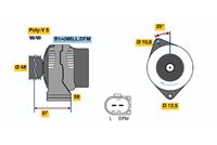 BOSCH 0124225011 - Tensión [V]: 14<br>Corriente de carga alternador [A]: 75<br>Tipo de sujeción: Brazo oscilante simple<br>Modelo de alternador: excl. bomba vacío<br>Sentido de giro: Sentido de giro a la derecha (horario)<br>Poleas: con polea múltiple<br>Número de canales: 5<br>poleas - Ø [mm]: 48<br>Longitud [mm]: 178<br>extensión de reparación recomendada: correas trapezial, poli V<br>