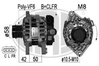 ERA 209023A - Tensión [V]: 14<br>Corriente de carga alternador [A]: 90<br>ID del modelo de conector: B+CLFR<br>poleas - Ø [mm]: 58<br>Poleas: con polea de rueda libre<br>Sentido de giro: Sentido de giro a la derecha (horario)<br>Cantidad de agujeros de fijación: 2<br>Número de canales: 6<br>Distancia de polea a alternador [mm]: 42<br>