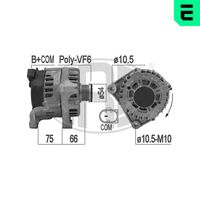 ERA 209149 - Corriente de carga alternador [A]: 230<br>Modelo red de a bordo: para vehículos con red de a bordo 12V<br>Tensión [V]: 12<br>Poleas: con polea de rueda libre<br>poleas - Ø [mm]: 54<br>Número de nervaduras: 6<br>Pinza: M8 B+<br>Pinza: COM/LIN2<br>ID del modelo de conector: 0238<br>Diámetro de orificio 1 [mm]: 10<br>peso neto [kg]: 7,3<br>