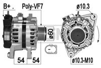 ERA 209337 - Tensión [V]: 14<br>Corriente de carga alternador [A]: 90<br>ID del modelo de conector: B+CLFR<br>poleas - Ø [mm]: 58<br>Poleas: con polea de rueda libre<br>Sentido de giro: Sentido de giro a la derecha (horario)<br>Cantidad de agujeros de fijación: 2<br>Número de canales: 6<br>Juego alternativo de reparación: 209023<br>Distancia de polea a alternador [mm]: 42<br>