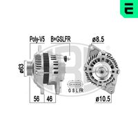 ERA 209350A - Corriente de carga alternador [A]: 85<br>Modelo red de a bordo: para vehículos con red de a bordo 12V<br>Tensión [V]: 12<br>Poleas: con polea múltiple<br>poleas - Ø [mm]: 63<br>Número de nervaduras: 5<br>Pinza: M8 B+<br>Pinza: G-S-L-F Plug 27<br>ID del modelo de conector: 0027<br>Diámetro de orificio 1 [mm]: 10<br>peso neto [kg]: 4,7<br>