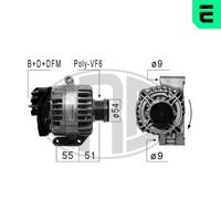 ERA 210833A - Tensión [V]: 14<br>Corriente de carga alternador [A]: 120<br>ID del modelo de conector: B+D+DFM<br>poleas - Ø [mm]: 54<br>Poleas: con polea de rueda libre<br>Sentido de giro: Sentido de giro a la derecha (horario)<br>Cantidad de agujeros de fijación: 2<br>Número de canales: 6<br>Distancia de polea a alternador [mm]: 51<br>