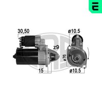 ERA 220812 - Tensión [V]: 12<br>Potencia nominal [kW]: 1,4<br>Número de dientes: 9<br>ID del modelo de conector: 30-50<br>Sentido de giro: Sentido de giro a la derecha (horario)<br>Diámetro de brida [mm]: 83<br>Cantidad de agujeros de fijación: 2<br>Posición básica piñón [mm]: 30<br>