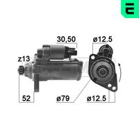 ERA 220986 - Tensión [V]: 12<br>Potencia nominal [kW]: 1,1<br>Número de dientes: 13<br>ID del modelo de conector: 30-50<br>Sentido de giro: Sentido de giro a la izquierda (antihorario)<br>Diámetro de brida [mm]: 79<br>Cantidad de agujeros de fijación: 2<br>Posición básica piñón [mm]: 52<br>