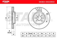 Stark SKBD0022933 - Tipo de disco de frenos: ventilado<br>Diámetro exterior [mm]: 280<br>Espesor de disco de frenos [mm]: 25<br>Lado de montaje: Eje delantero<br>Diámetro de centrado [mm]: 60<br>Altura [mm]: 42,7<br>Número de orificios: 4<br>corona de agujeros - Ø [mm]: 100<br>Espesor mínimo [mm]: 22<br>