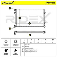 RIDEX 470R0010 - Material: Aluminio<br>Longitud de red [mm]: 654<br>Ancho de red [mm]: 433<br>Profundidad de red [mm]: 32<br>Versión: Alternative<br>Tipo radiador: Aletas refrigeración unidas mecánicamente<br>