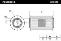 RIDEX 8A0030 - Tipo de filtro: Cartucho filtrante<br>Diámetro exterior [mm]: 164<br>Diámetro interior [mm]: 85<br>Altura [mm]: 285<br>