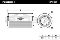 RIDEX 8A0099 - Artículo complementario / información complementaria 2: con filtro previo<br>Tipo de filtro: Cartucho filtrante<br>Diámetro exterior [mm]: 165<br>Diámetro interior [mm]: 92<br>Altura [mm]: 304<br>