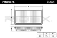 RIDEX 8A0026 - Tipo de filtro: Cartucho filtrante<br>Longitud [mm]: 319<br>Ancho [mm]: 176<br>Altura [mm]: 50<br>