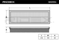 RIDEX 8A0054 - Tipo de filtro: Cartucho filtrante<br>Longitud [mm]: 314<br>Ancho [mm]: 102<br>Altura [mm]: 41<br>