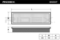 RIDEX 8A0247 - Tipo de filtro: Cartucho filtrante<br>Longitud [mm]: 335<br>Ancho [mm]: 102<br>Altura [mm]: 71<br>
