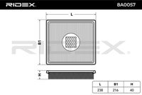 RIDEX 8A0057 - Tipo de filtro: Cartucho filtrante<br>Longitud [mm]: 237<br>Ancho [mm]: 214<br>Altura [mm]: 31<br>