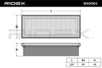 RIDEX 8A0064 - Tipo de filtro: Cartucho filtrante<br>Longitud [mm]: 228<br>Ancho [mm]: 87<br>Altura [mm]: 49<br>