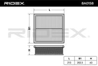 RIDEX 8A0158 - Tipo de filtro: Cartucho filtrante<br>Longitud [mm]: 212<br>Ancho [mm]: 202<br>Altura [mm]: 63<br>