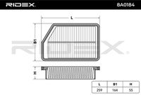 RIDEX 8A0184 - Tipo de filtro: Cartucho filtrante<br>Longitud [mm]: 259<br>Ancho [mm]: 164<br>Altura [mm]: 55<br>