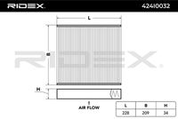 RIDEX 424I0032 - Altura [mm]: 34<br>Ancho [mm]: 209<br>Longitud [mm]: 235<br>Tipo de filtro: Filtro antipolen<br>Tipo de filtro: Cartucho filtrante<br>Forma: rectangular<br>