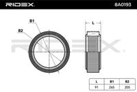 RIDEX 8A0193 - Tipo de filtro: Cartucho filtrante<br>Diámetro exterior [mm]: 257<br>Diámetro interior [mm]: 199<br>Altura [mm]: 91<br>