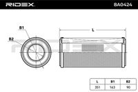 RIDEX 8A0424 - Tipo de filtro: Cartucho filtrante<br>Diámetro exterior [mm]: 163<br>Diámetro interior [mm]: 90<br>Altura [mm]: 351<br>
