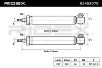 RIDEX 854S2070 - Suspensión: para vehículos con chasis estándar<br>Lado de montaje: Eje delantero<br>Diámetro [mm]: 54<br>diám. tubo vertical [mm]: 18<br>Longitud 1 [mm]: 652<br>Longitud 2 [mm]: 555<br>Tipo de amortiguador: Presión de gas<br>Tipo de amortiguador: Columna de amortiguador<br>Sistema de amortiguadores: Bitubular<br>Tipo de sujeción de amortiguador: Espiga arriba<br>Tipo de sujeción de amortiguador: Horquilla abajo<br>Unidad de cantidad: Kit<br>