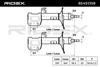 RIDEX 854S1358 - Suspensión: para vehículos con chasis estándar<br>Lado de montaje: Eje trasero<br>Tipo de amortiguador: Presión de gas<br>Tipo de amortiguador: Cartucho de columna de amortiguador<br>Tipo de sujeción de amortiguador: Espiga arriba<br>Tipo de sujeción de amortiguador: Anillo inferior<br>Ancho [mm]: 100<br>Peso [kg]: 4<br>