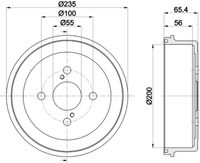 HELLA 8DT355301501 - Lado de montaje: Eje trasero<br>Diámetro interior de tambor de freno [mm]: 200<br>H tamb. freno interna [mm]: 55<br>Número de orificios: 4<br>corona de agujeros - Ø [mm]: 100<br>