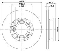 HELLA 8DD355120181 - Lado de montaje: Eje trasero<br>Altura [mm]: 69<br>Tipo de disco de frenos: macizo<br>Espesor de disco de frenos [mm]: 16<br>Espesor mínimo [mm]: 13<br>Diámetro exterior [mm]: 308<br>Número de orificios: 5<br>Diámetro de centrado [mm]: 96<br>corona de agujeros - Ø [mm]: 160<br>Superficie: revestido<br>Artículo complementario / información complementaria 2: con anillo sensor ABS<br>