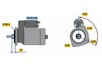 BOSCH 0986010350 - Tensión [V]: 12<br>Potencia nominal [kW]: 0,8<br>Cantidad de agujeros de fijación: 3<br>Cant. taladros roscados: 0<br>Número de dientes: 9<br>Pinza: 15a<br>Pinza: 50<br>Pinza: 30<br>Diámetro de brida [mm]: 82,5<br>Sentido de giro: Sentido de giro a la derecha (horario)<br>Posición básica piñón [mm]: 14,5<br>Modelo motor arranque: apoyo externo<br>Diámetro de orificio [mm]: 8,5<br>Diámetro de orificio 2 [mm]: 8,5<br>Taladro Ø 3 [mm]: 8,5<br>Longitud [mm]: 226,5<br>Posición/Grado: rechts<br>Ángulo de sujeción [grados]: 118<br>Medida ángulo brazo trinagular [grados]: 118<br>