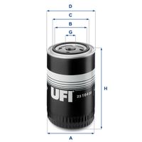 UFI 2316400 - Altura [mm]: 104<br>Medida de rosca: UNF 3/4''-16<br>Diámetro exterior [mm]: 94<br>Tipo de válvula: Válvula de limitación de presión<br>Tipo de válvula: Válvula de retención<br>Tipo de filtro: Filtro enroscable<br>Diám. int. 1 [mm]: 72<br>Diám. int. 2[mm]: 62,5<br>Artículo complementario / información complementaria 2: con válvula bloqueo de retorno<br>