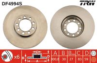 TRW DF4994S - Lado de montaje: Eje trasero<br>Carga útil [kg]: 4100<br>Tipo de disco de frenos: ventilado<br>Diámetro exterior [mm]: 306<br>Espesor de disco de frenos [mm]: 28<br>Espesor mínimo [mm]: 25<br>Número de orificios: 6<br>Altura [mm]: 132<br>corona de agujeros - Ø [mm]: 215<br>Diámetro de tambor [mm]: 190<br>Medida de rosca: 1,25<br>Color: negro<br>Superficie: barnizado<br>Homologación: E1 90R-02 C0226/0652<br>SVHC: No hay información disponible, diríjase al fabricante.<br>
