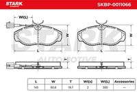 Stark SKBP0011066 - carga útil desde [kg]: 1000<br>carga útil hasta [kg]: 1400<br>Espesor [mm]: 18,7<br>Longitud [mm]: 145<br>Altura [mm]: 60<br>Peso [kg]: 2,2<br>Número de indicadores de desgaste [por eje]: 2<br>Contacto avisador de desgaste: con contacto avisador de desgaste<br>Longitud contacto de aviso [mm]: 200<br>Lado de montaje: Eje delantero<br>cumple norma ECE: ECE-R90<br>
